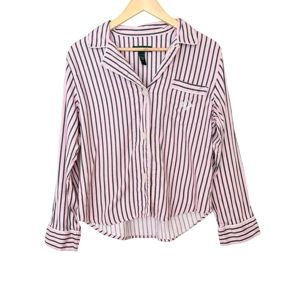 Lauren Ralph Lauren Pajama Top Womens L Pink‎ Navy Blue Striped Cotton Preppy